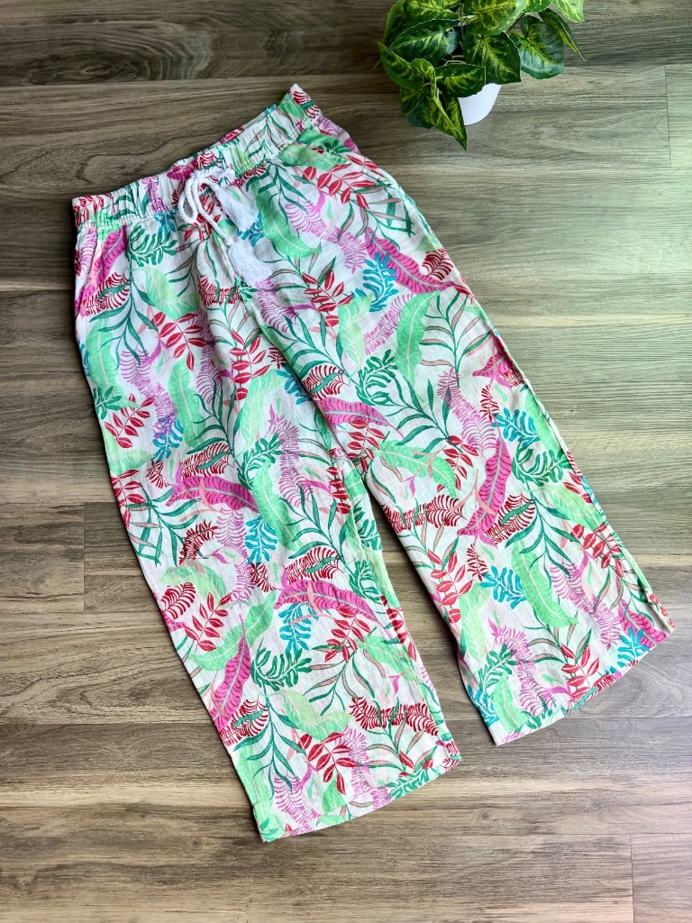 Tropical Resort Wide Leg Palazzo Pants Tassel Tie Botanical Print White - Picture 3 of 14